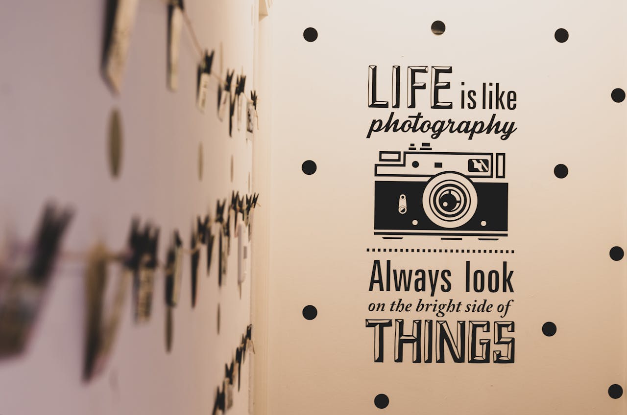 hero-img-01 Wall art with a photography-themed inspirational quote and vintage camera graphic.